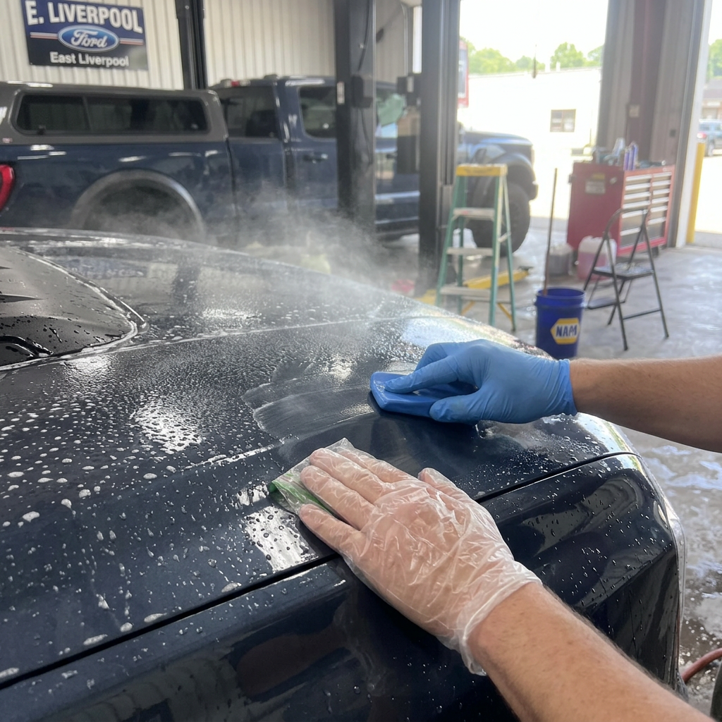 A technician using a blue clay bar and a plastic baggie to decontaminate a dark blue car's paint.