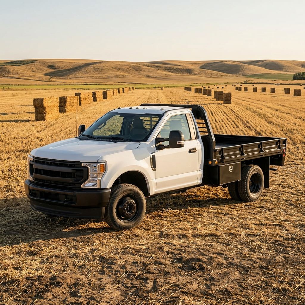 A white Ford Super Duty single-cab truck with a black flatbed parked in a harvested wheat field. (Representative image for illustration purposes only. Actual vehicle may vary based on trim and configuration.)