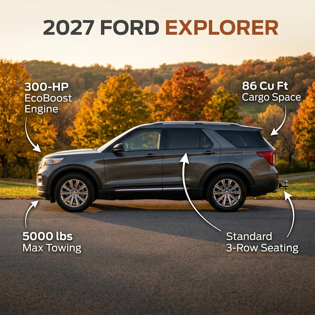 Side view of a grey 2027 Ford Explorer highlighting features like engine horsepower, cargo space, and towing capacity. (Representative image for illustration purposes only. Actual vehicle may vary based on trim and configuration.)