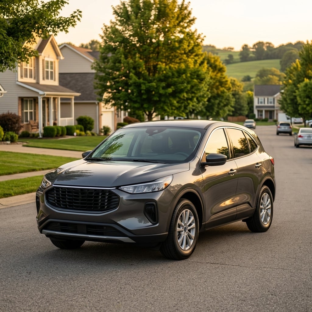Gray compact crossover SUV parked on a quiet residential street during warm golden hour light. (Representative image for illustration purposes only. Actual vehicle may vary based on trim and configuration.)