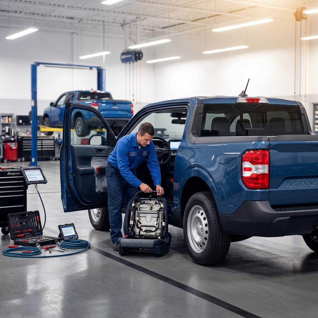 A technician in a blue uniform works on a car seat next to a blue pickup truck in a clean auto service center.