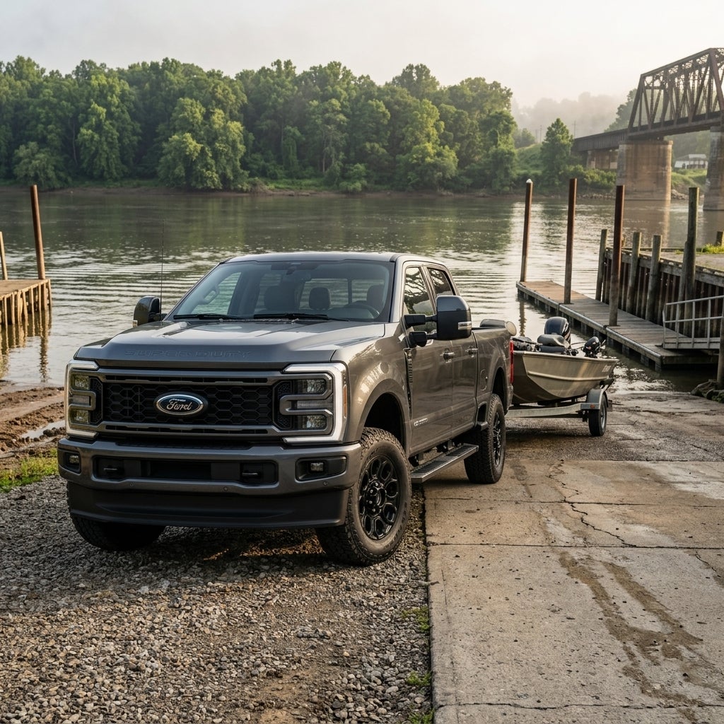A 2026 Ford F-350 Super Duty Lariat in a deep metallic grey, parked on a gravel landing beside a concrete boat launch on the Ohio River near East Liverpool, early morning in late June, high-torque diesel engine idling, a heavy-duty trailer attached carrying a practical fishing boat, muddy riverbanks
