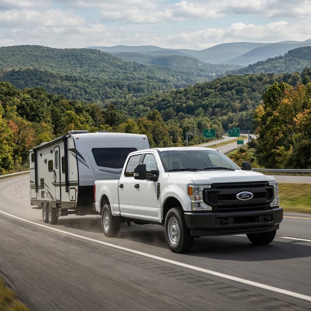 2026 Ford F-250 Super Duty XL, Oxford White paint, towing around a camper on a pave road. in hilly tristate area.