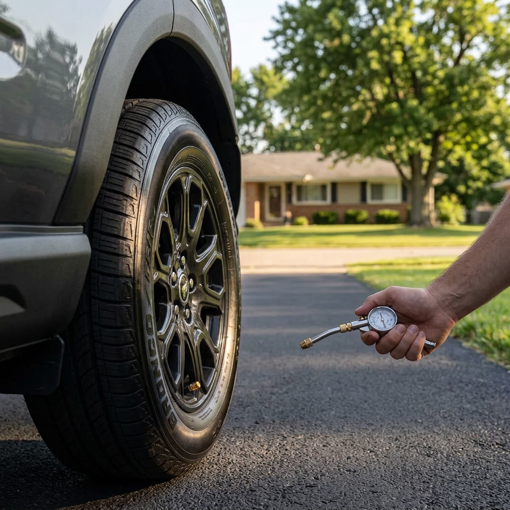 A person's hand holding a tire pressure gauge near a black SUV tire on a suburban driveway. (Representative image for illustration purposes only. Actual vehicle may vary based on trim and configuration.)