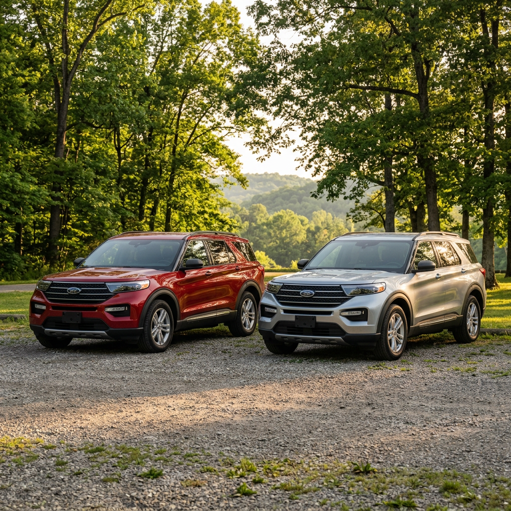 Two Ford Explorer SUVs, one red and one silver, parked on a gravel lot with a background of green trees. (Representative image for illustration purposes only. Actual vehicle may vary based on trim and configuration.)