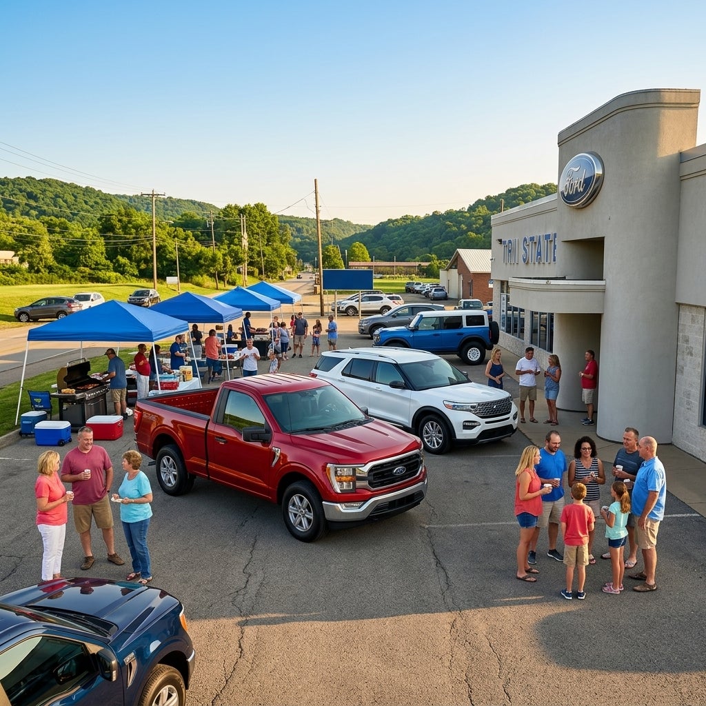 Cinematic wide-angle photograph, festive community customer appreciation event at a modern Ford dealership in East Liverpool, Ohio, a gleaming ruby red Ford F-150 pickup truck and a white Ford Explorer as focal points, families and local neighbors mingling on a sun-drenched lot, classic American BBQ