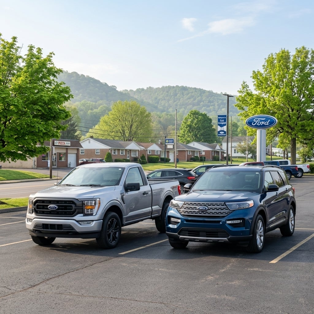 A 2026 Ford F-150 and a Ford Explorer parked on the clean, asphalt lot of a local Ford dealership in east Liverpool, Ohio, early June morning light, soft hazy sunshine, gentle rolling hills of the Appalachian Plateau in the background, a row of modest mid-century suburban homes and small local busin