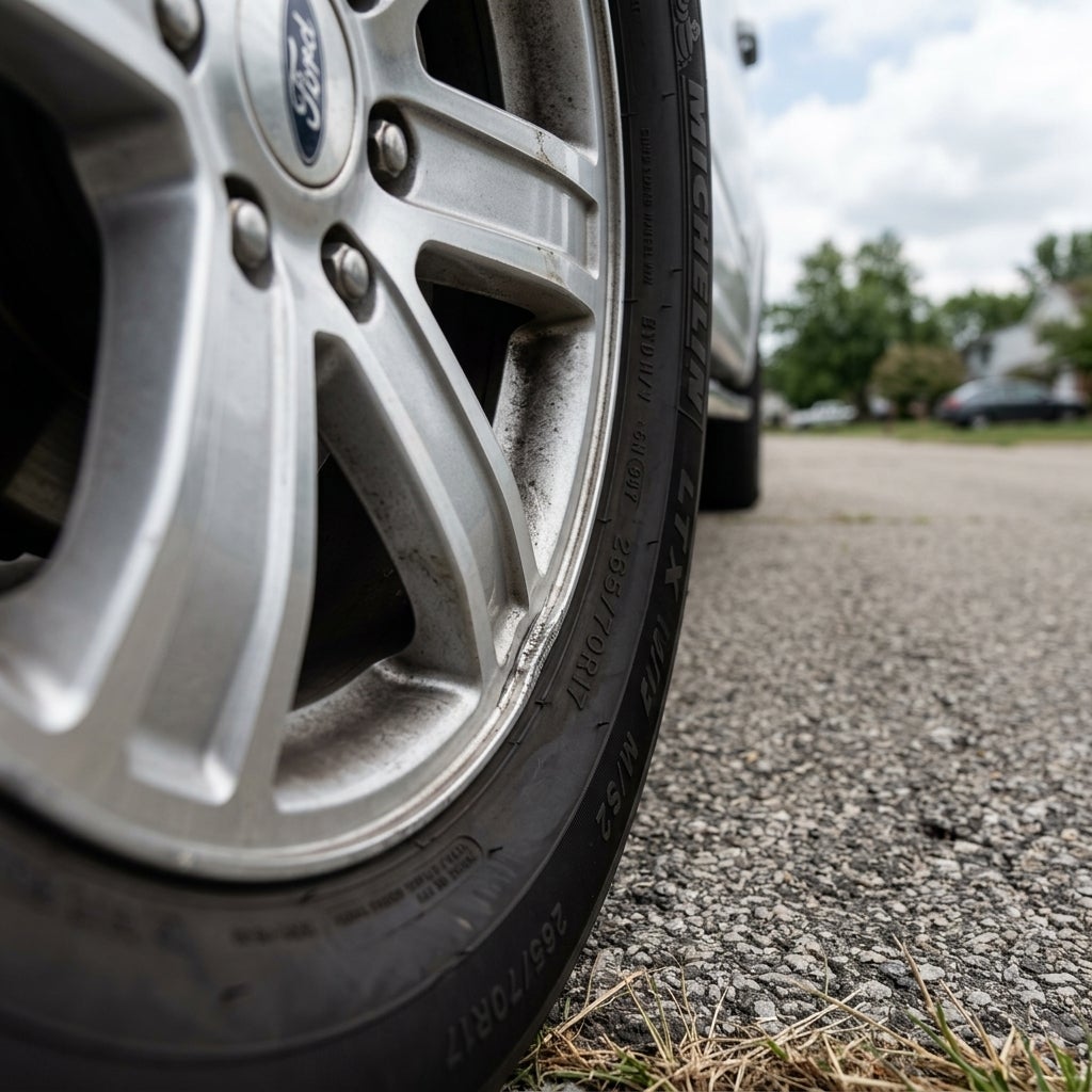 Close-up view of a silver Ford alloy rim and Michelin tire on a vehicle parked on a residential street. (Representative image for illustration purposes only. Actual vehicle may vary based on trim and configuration.)