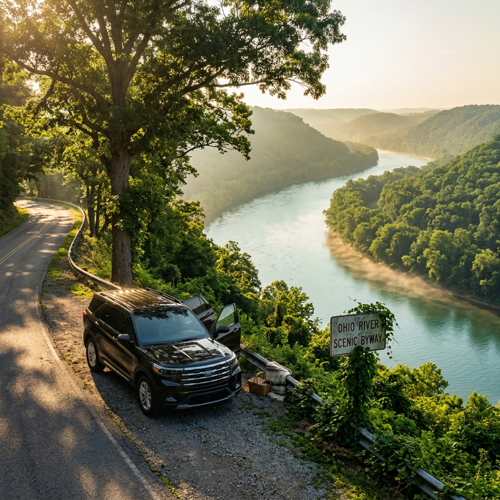 A black SUV parked at a scenic overlook along a winding road, with a view of a river winding through green hills. (Representative image for illustration purposes only. Actual vehicle may vary based on trim and configuration.)