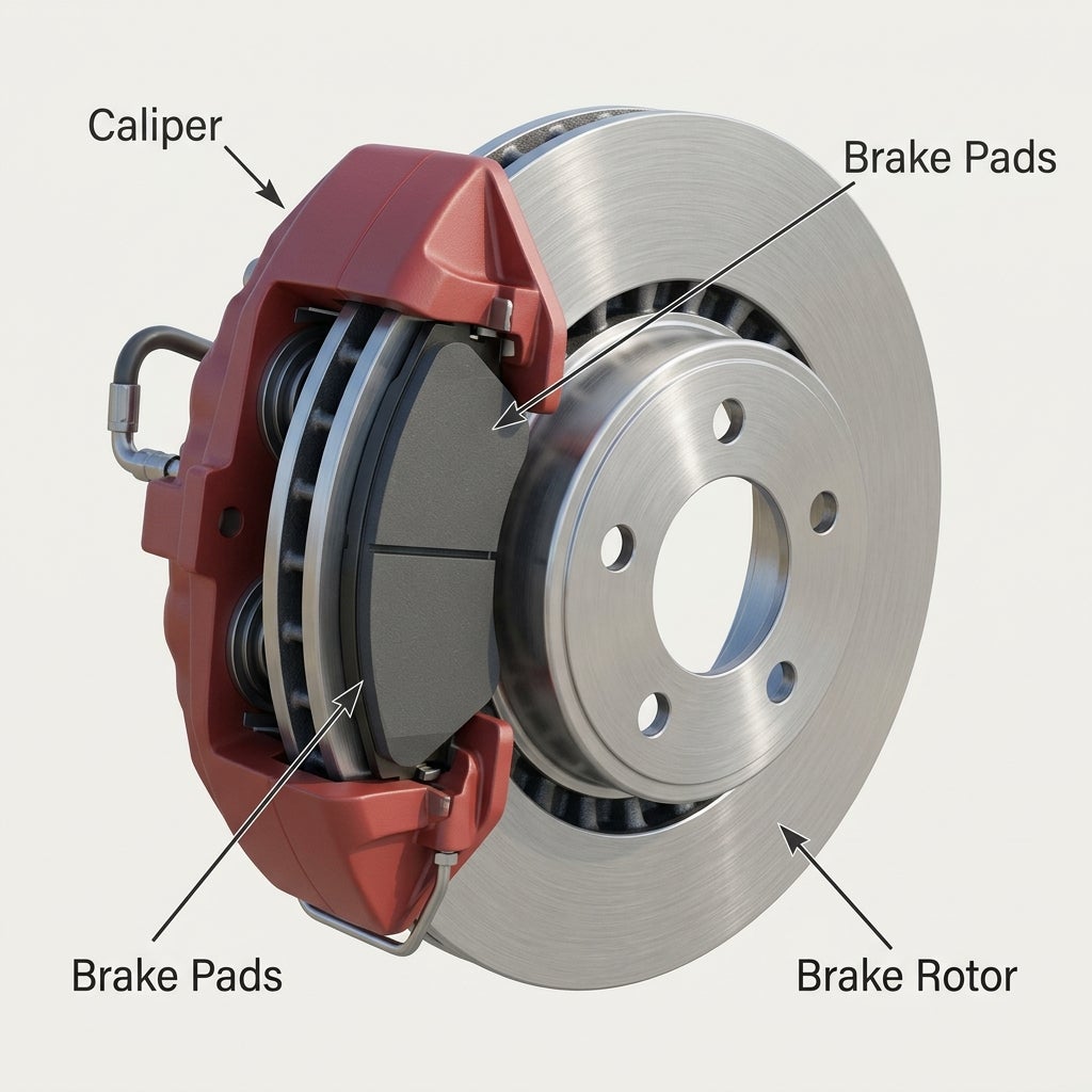 A labeled 3D diagram showing the caliper, brake pads, and brake rotor of a vehicle disc brake assembly. (Representative image for illustration purposes only. Actual vehicle may vary based on trim and configuration.)