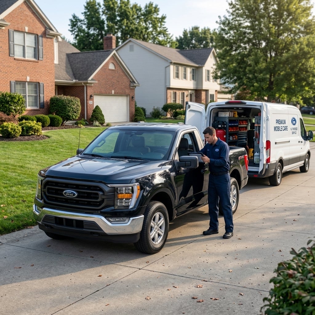 Cinematic photorealistic shot, a clean white professional automotive service van parked in a paved suburban driveway, a modern Ford F-150 pickup truck positioned next to it, a professional technician in a dark blue uniform performing a maintenance check with a digital tablet, bright morning sunlight
