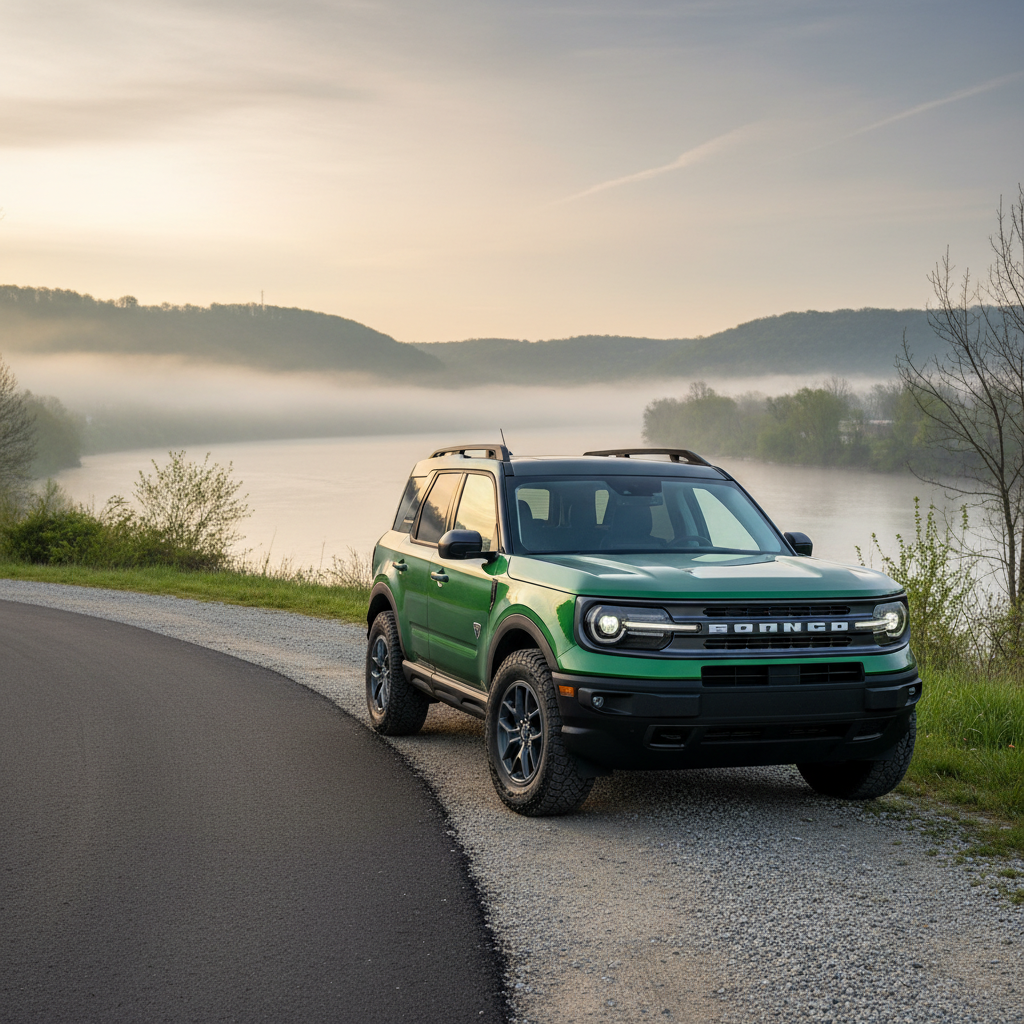 A 2026 Ford Bronco Sport navigating a scenic trail at sunset, showcasing its rugged exterior and athletic stance.