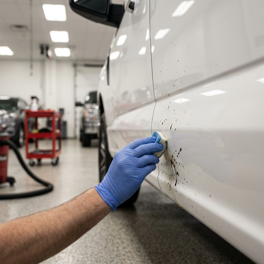 A person in blue nitrile gloves uses a sponge to clean black tar and road grime off a white truck door. (Representative image for illustration purposes only. Actual vehicle may vary based on trim and configuration.)