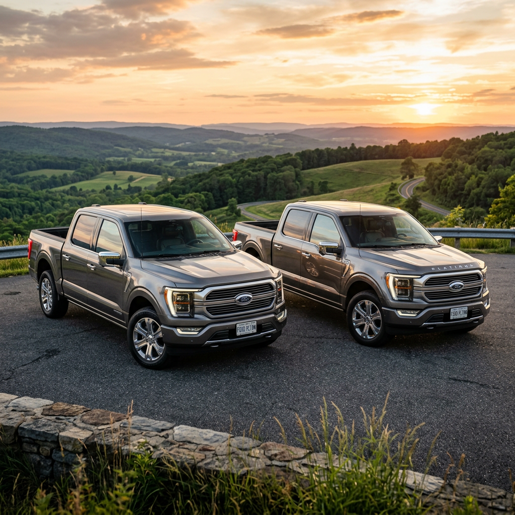 Two gray Ford F-150 pickup trucks parked on a scenic overlook during a vibrant sunset.