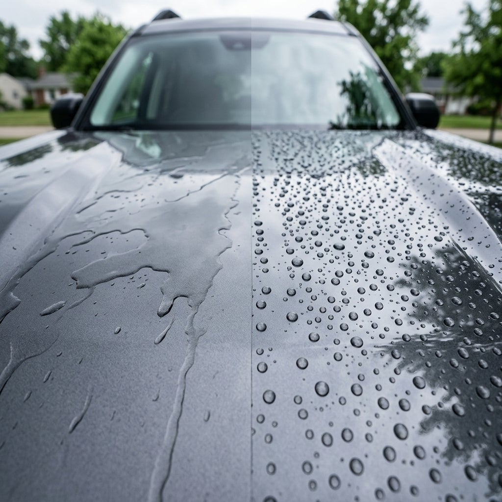 Split view of a car hood showing flat sheeting water on the left and tight water beading on the right. (Representative image for illustration purposes only. Actual vehicle may vary based on trim and configuration.)
