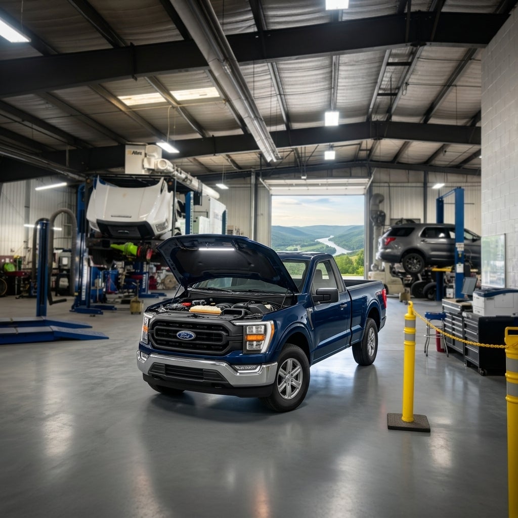 A cinematic, eye-level hero shot of a modern midnight blue Ford F-150 pickup truck parked inside a pristine, high-tech dealership service bay, soft natural light streaming through large windows and reflecting off a polished grey concrete floor, the intricate details of a 5.0L V8 engine visible under