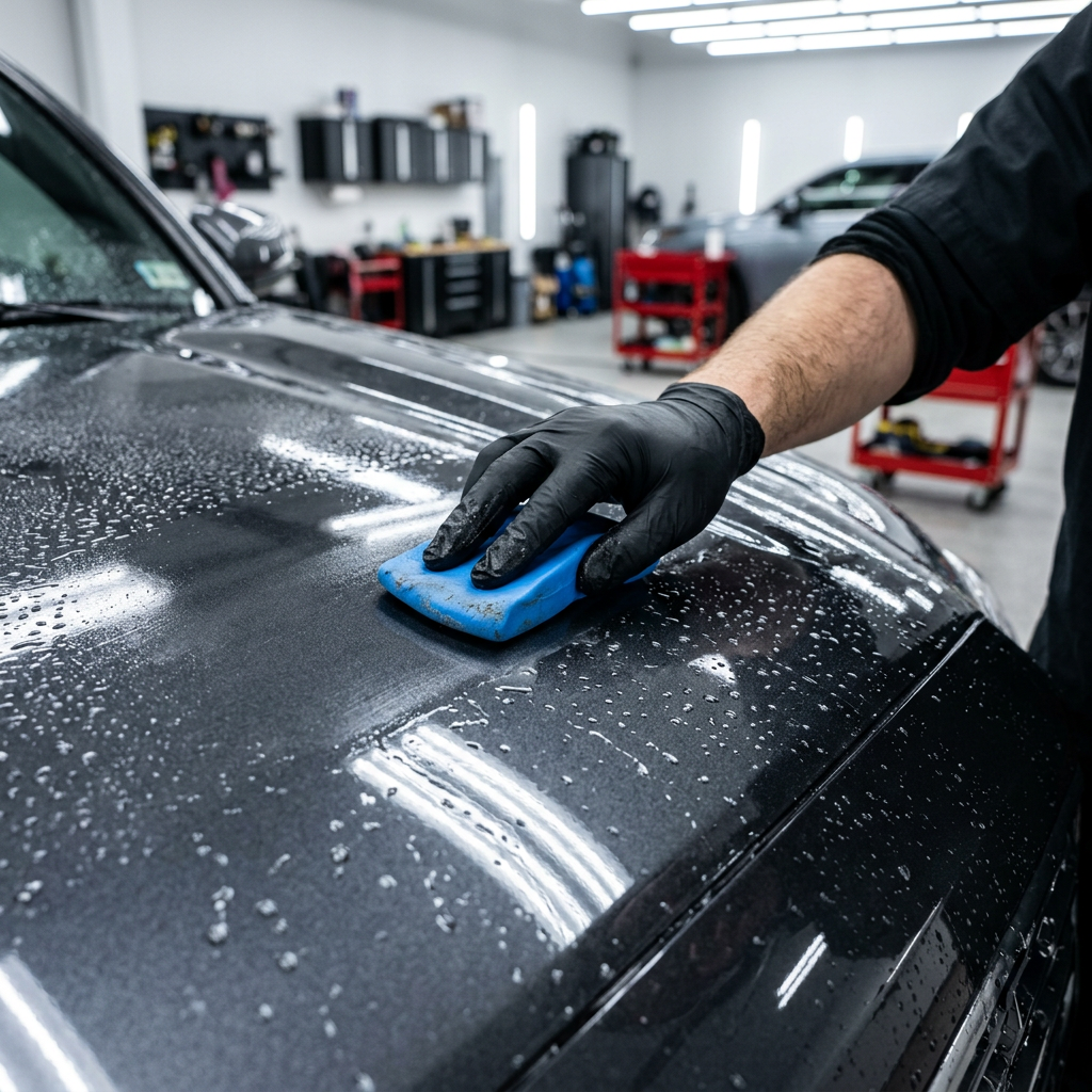 Gloved hand using a blue clay sponge on a wet, dark grey car hood during a professional auto detailing.