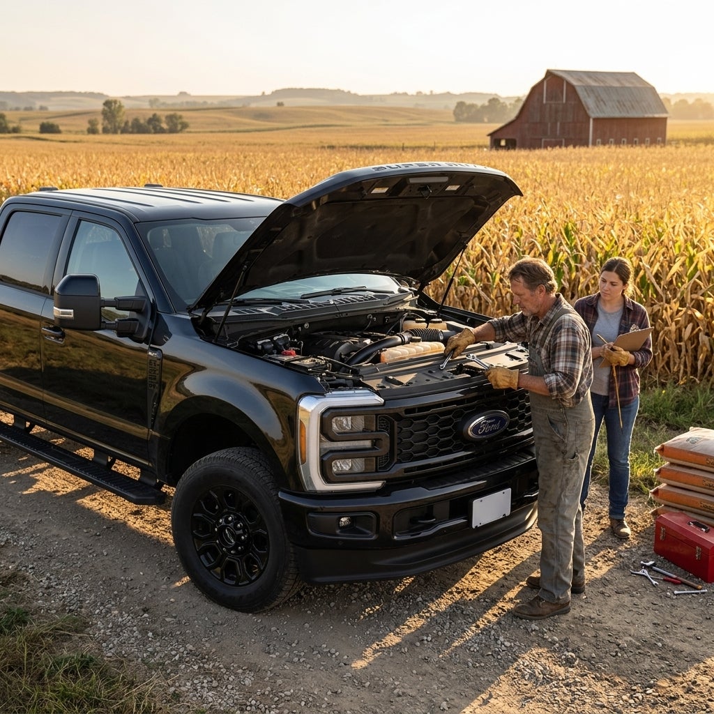 Man working on the engine of a black Ford Super Duty truck while a woman holds a clipboard in a rural farm setting. (Representative image for illustration purposes only. Actual vehicle may vary based on trim and configuration.)