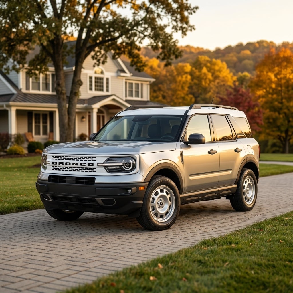 Photorealistic commercial photography, a sleek modern silver SUV parked on a clean brick driveway in a peaceful Ohio suburban neighborhood, rolling hills and lush autumn trees with amber leaves in the background, golden hour sunlight reflecting off the vehicle’s polished chrome accents, warm and inv