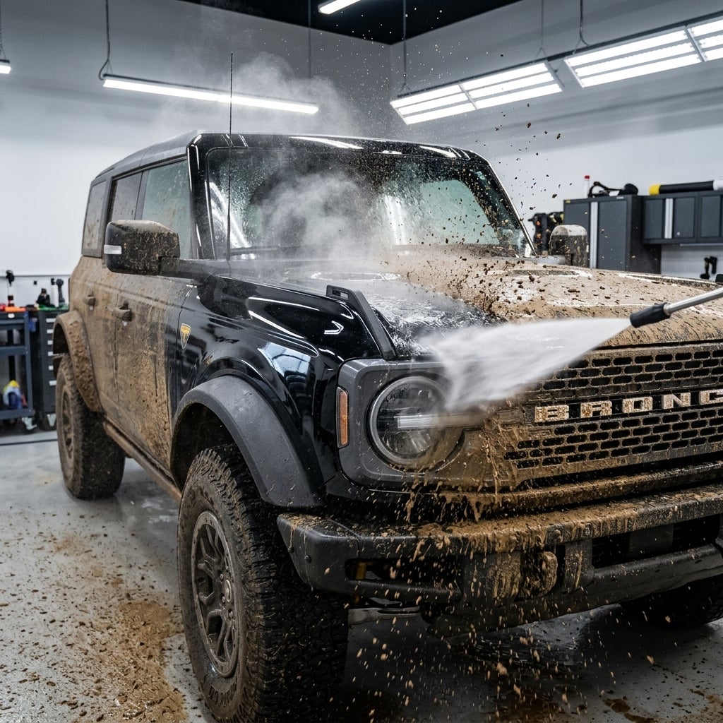 A muddy black Ford Bronco SUV being cleaned with a high-pressure water washer in an indoor garage. (Representative image for illustration purposes only. Actual vehicle may vary based on trim and configuration.)