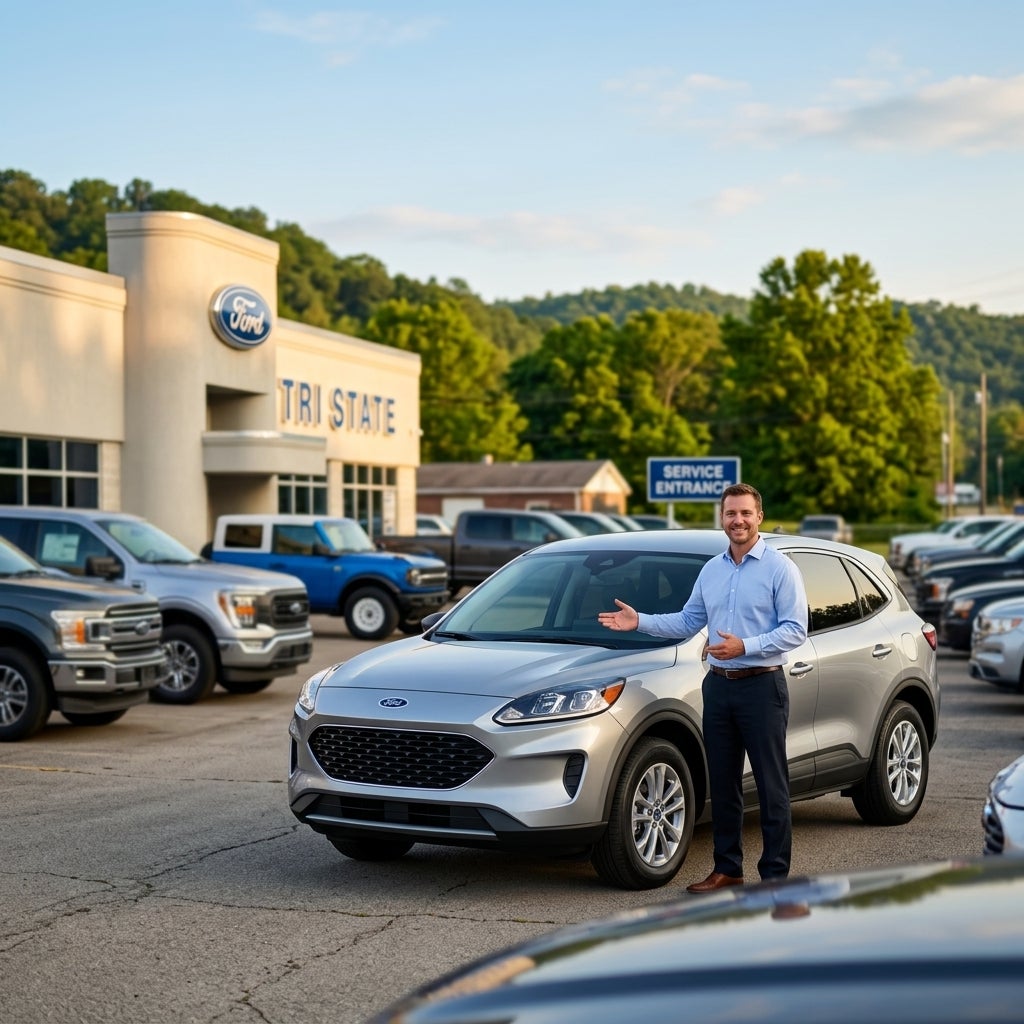 Cinematic photorealistic shot of a professional male sales manager in business-casual attire standing confidently on a pristine pre-owned vehicle lot in the American Midwest, he is gesturing toward a clean silver late-model SUV, the background features a modern Ford dealership with glass architectur