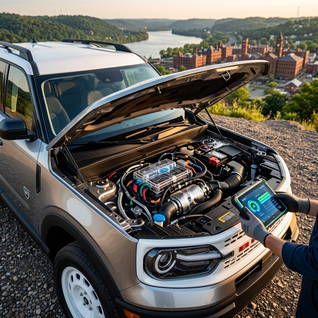 Cinematic automotive photography, modern silver SUV parked on a high bluff overlooking the Ohio River in East Liverpool, geographic backdrop of rolling green hills and distant historic brick architecture, vehicle hood open to reveal a clean and detailed engine bay, central focus on a high-tech car b