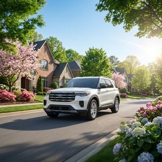 A sleek modern white Ford SUV driving through a pristine suburban neighborhood in the tri-state area of East Liverpool and Calcutta, lush green trees and blooming spring flowers lining the street to suggest seasonal pollen, bright morning sunlight creating a soft lens flare and a sense of freshness, high-key lighting, atmosphere of clean and breathable air, cinematic low-angle tracking shot, vibrant and natural color palette of deep greens and sky blues, professional automotive commercial photography style, crisp details, hyper-realistic, peaceful and healthy mood, focus on the vehicle's front profile as it moves smoothly through a dust-free and clear environment.