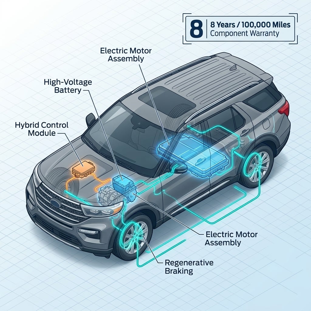 Cutaway diagram of a hybrid SUV highlighting key electric components covered by an 8-year or 100,000-mile warranty. (Representative image for illustration purposes only. Actual vehicle may vary based on trim and configuration.)