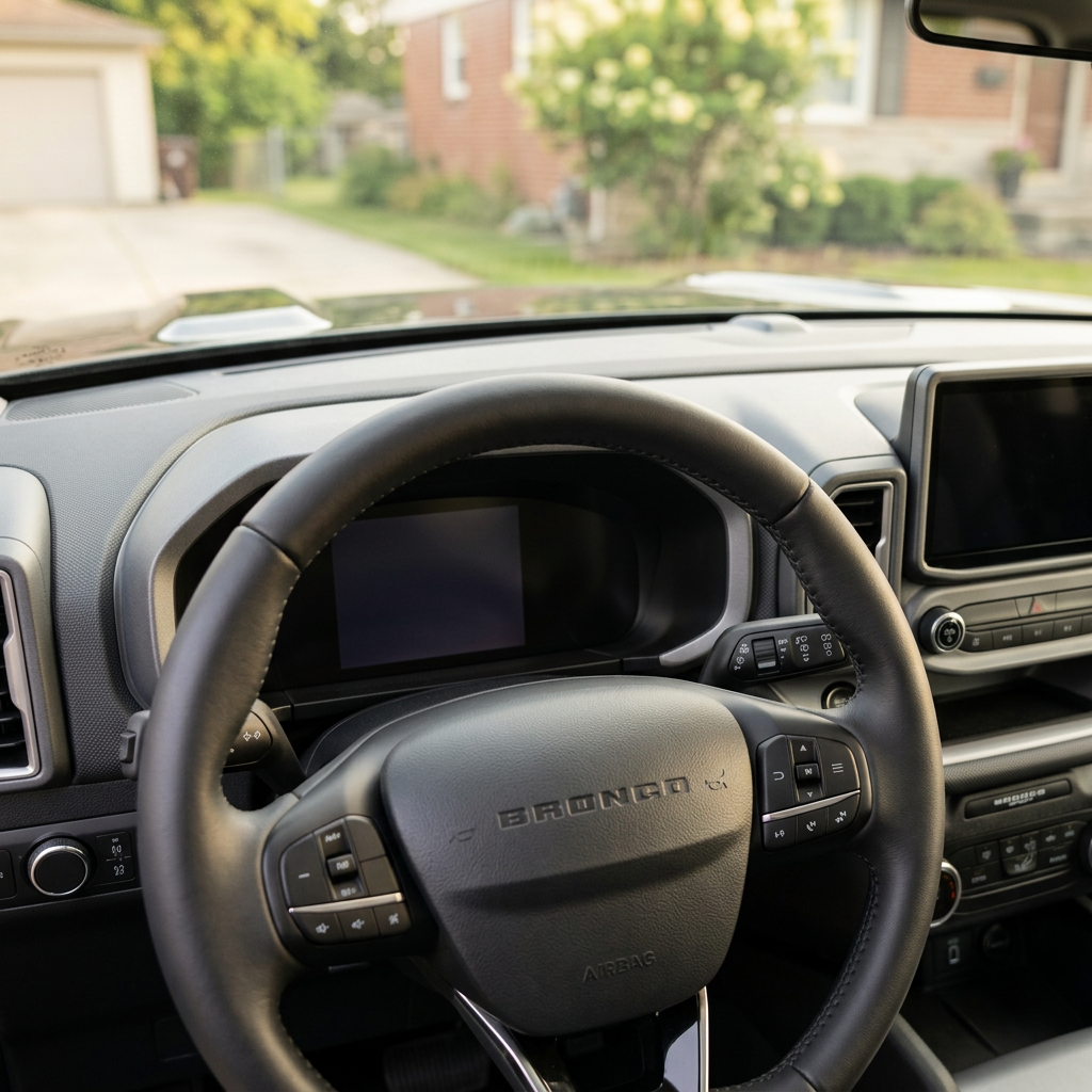 Close-up of a black leather steering wheel and dashboard inside a Ford Bronco, with a neighborhood view outside. (Representative image for illustration purposes only. Actual vehicle may vary based on trim and configuration.)