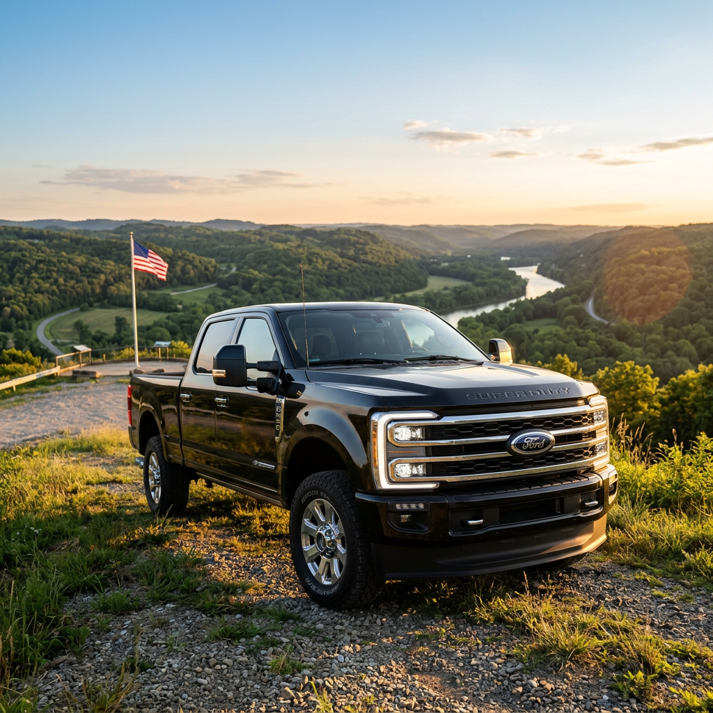 Black Ford Super Duty truck parked on a grassy overlook above a winding river valley at sunset with an American flag.