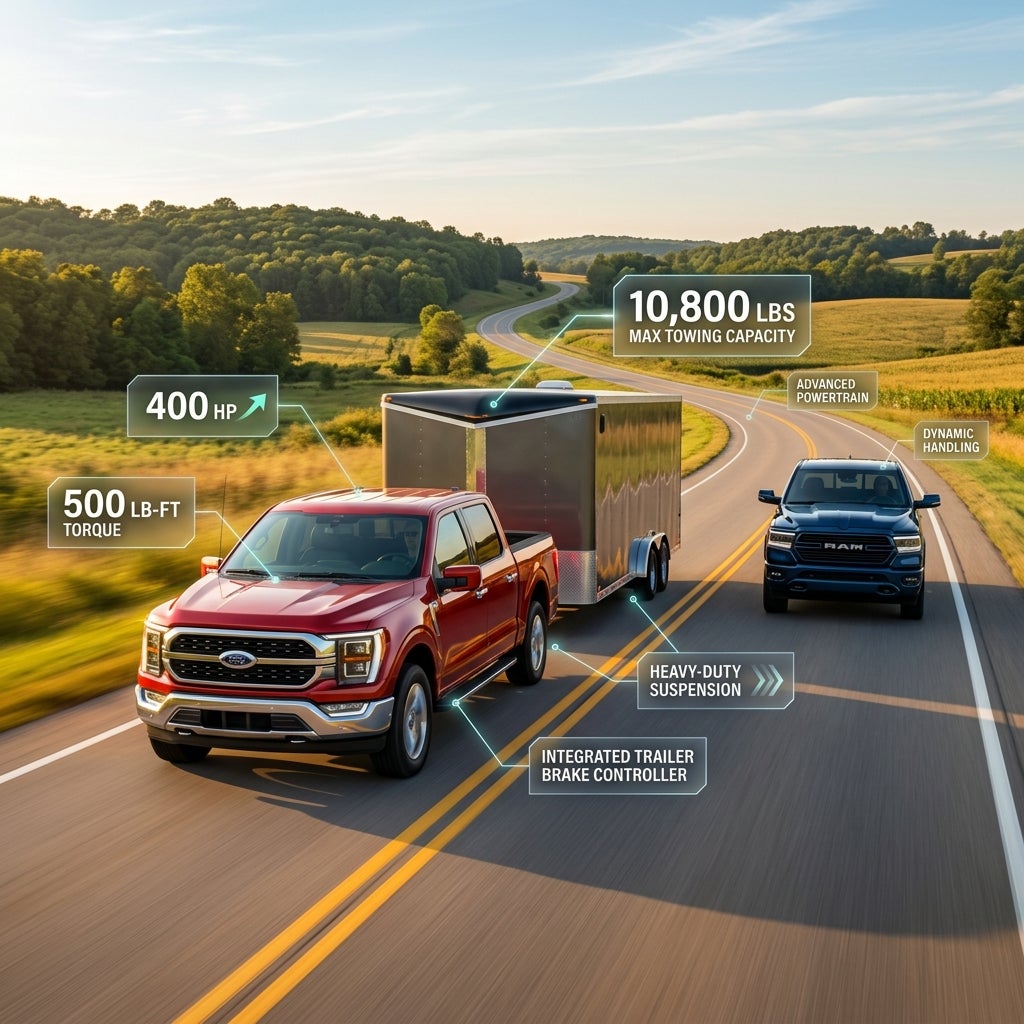 Red pickup truck towing a large trailer on a rural road next to a blue truck, with performance stats highlighted. (Representative image for illustration purposes only. Actual vehicle may vary based on trim and configuration.)