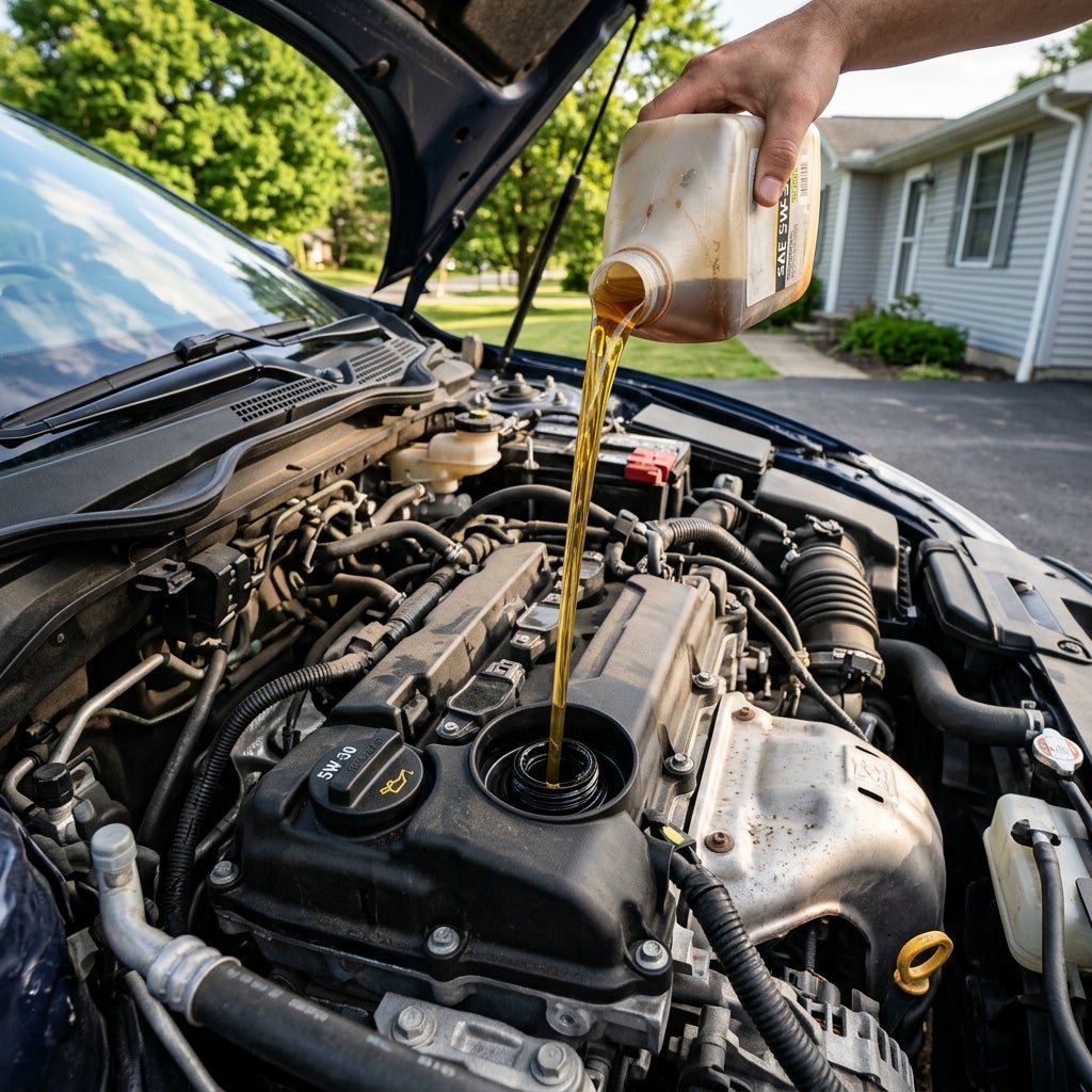 A clear, close-up overhead shot of a modern car engine with its hood open, a steady stream of amber-colored, translucent engine oil pouring from a simple plastic bottle into the oil fill port, golden light catching the liquid's viscosity, set outdoors on a clean asphalt driveway in a modest suburban
