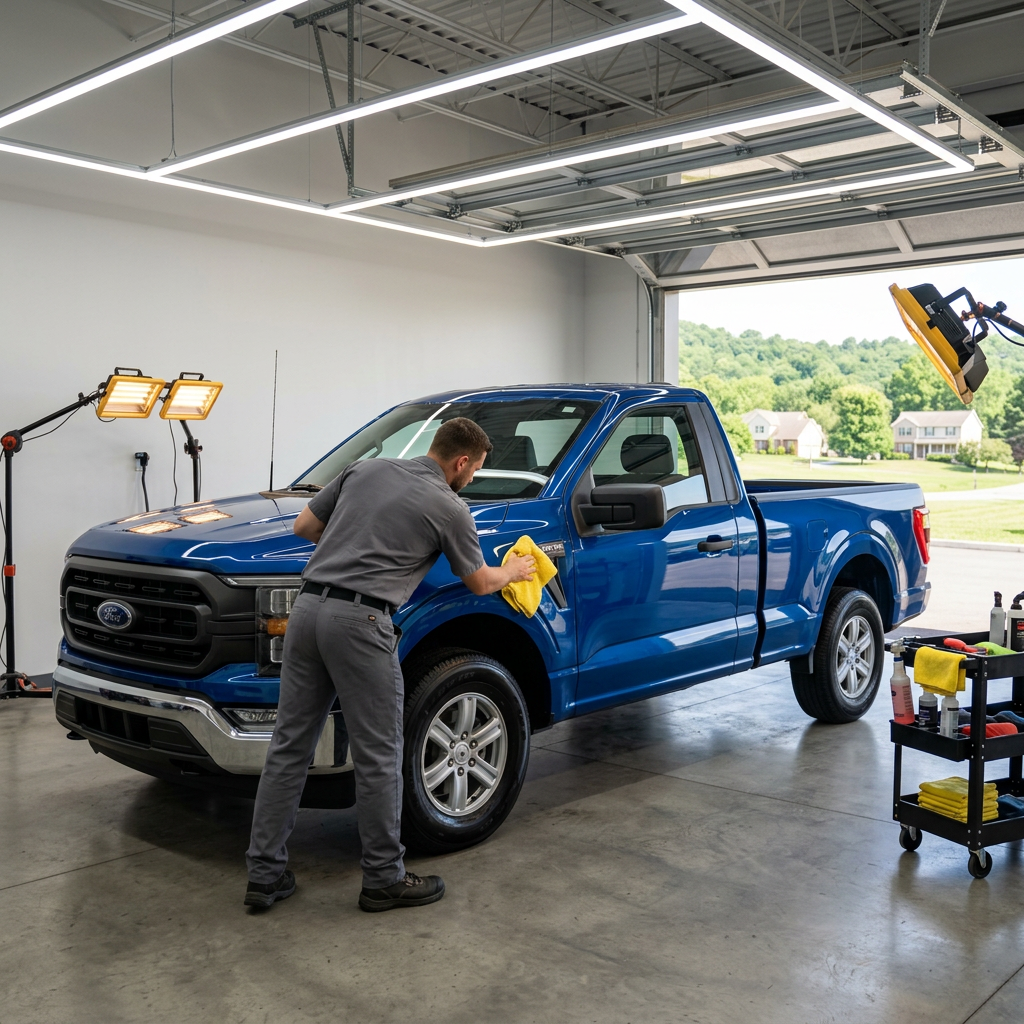 A man in a grey uniform uses a yellow microfiber cloth to detail a blue Ford F-150 truck inside a garage.