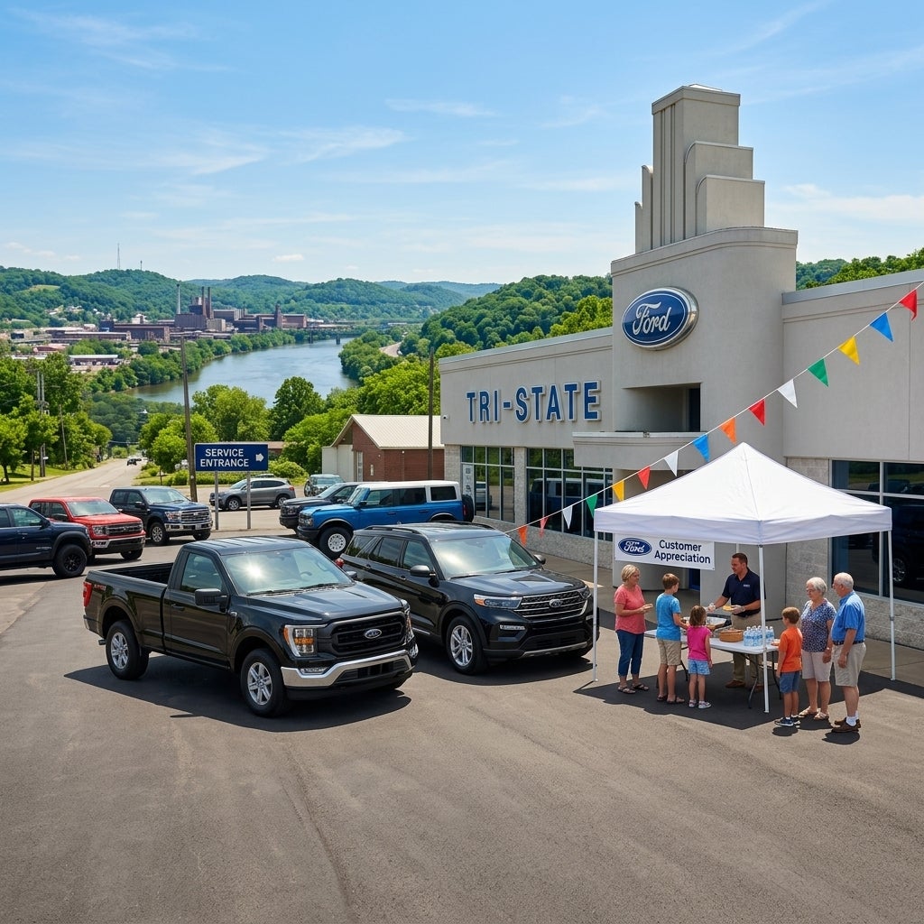A wide-angle, cinematic shot of a festive customer appreciation event at a Ford dealership in East Liverpool, Ohio, during a bright, sunny afternoon in late June. The scene is set on a clean, asphalt lot under a clear blue sky with light, wispy clouds. In the foreground, several current-model Ford t