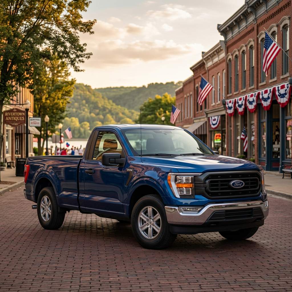 A blue Ford F-150 regular cab pickup truck parked on a brick-paved street in a historic American town.