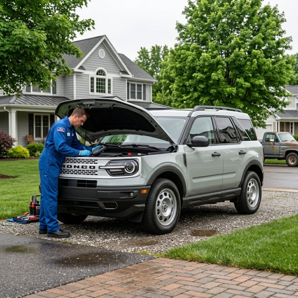 A wide-angle, eye-level shot of a 2026 Ford Bronco Sport parked in a gravel driveway of a modest, two-story frame house in Calcutta, Ohio, during a overcast June morning. The vehicle is the central focus, finished in a muted Cactus Gray paint, with the hood slightly ajar to reveal a certified Ford t