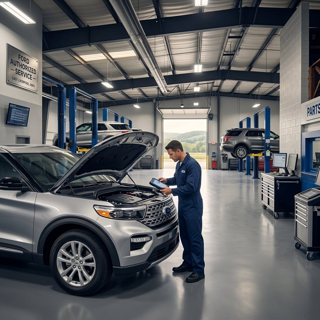 Cinematic commercial photography of a sleek silver Ford Explorer inside a pristine, high-tech automotive service center in East Liverpool, Ohio. A professional technician in a navy blue uniform meticulously uses a modern handheld diagnostic tablet to inspect the engine bay, looking for complex mecha