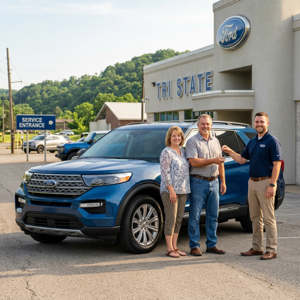 A couple smiles as they receive keys to their new blue Ford SUV from a salesman outside a Tri State Ford dealership.