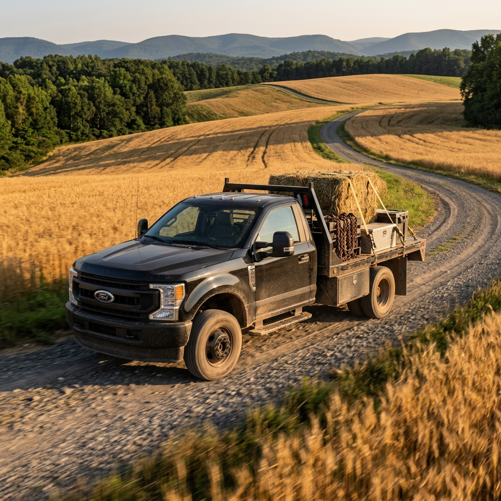 A black Ford Super Duty flatbed truck carrying hay bales drives down a gravel road through golden fields. (Representative image for illustration purposes only. Actual vehicle may vary based on trim and configuration.)