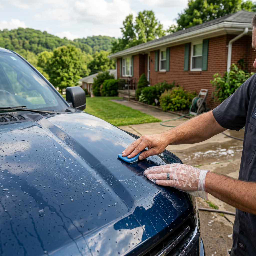 A man using a blue clay bar to detail the hood of a wet blue pickup truck in a driveway.