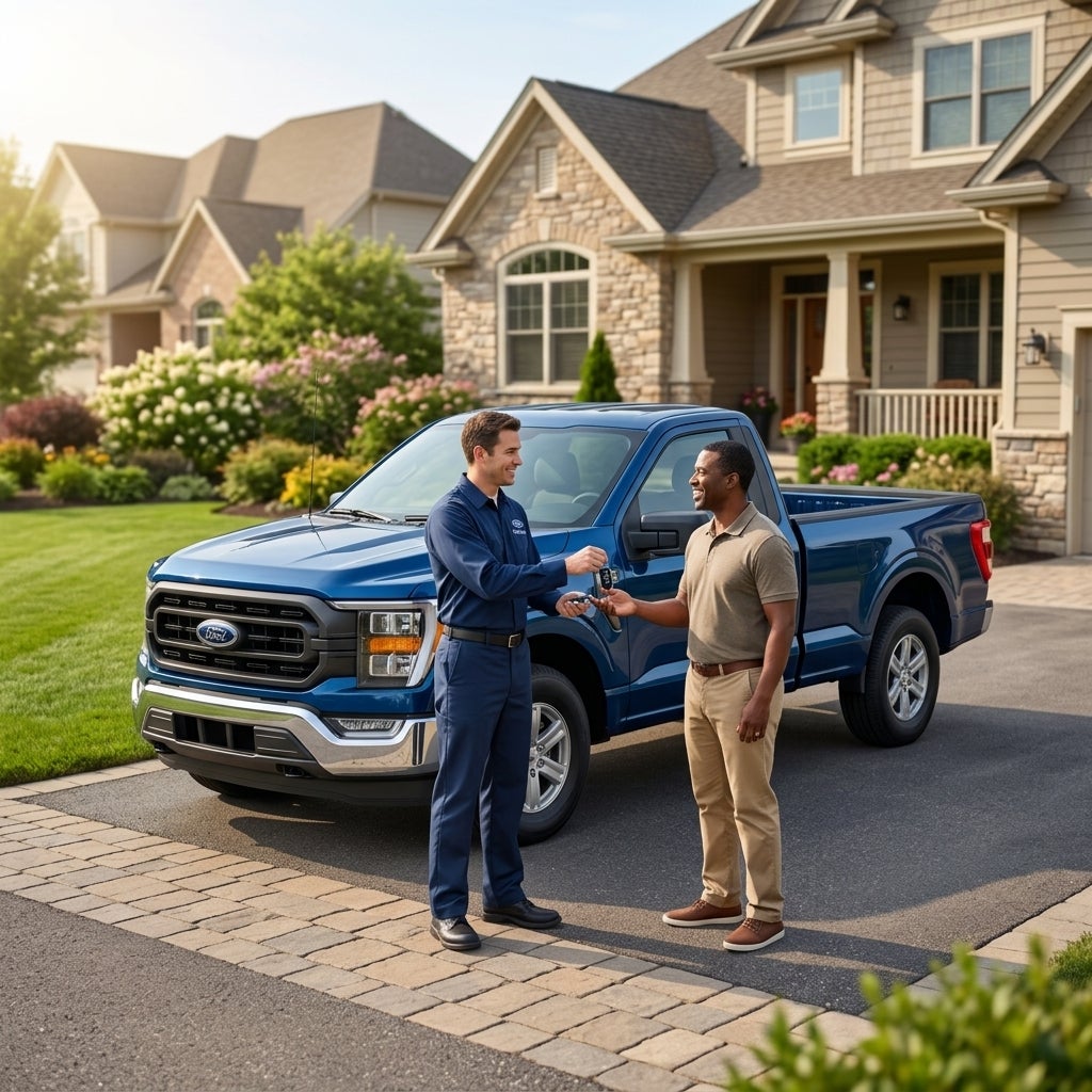 A service technician hands keys to a homeowner next to a blue Ford F-150 pickup truck in a suburban driveway. (Representative image for illustration purposes only. Actual vehicle may vary based on trim and configuration.)