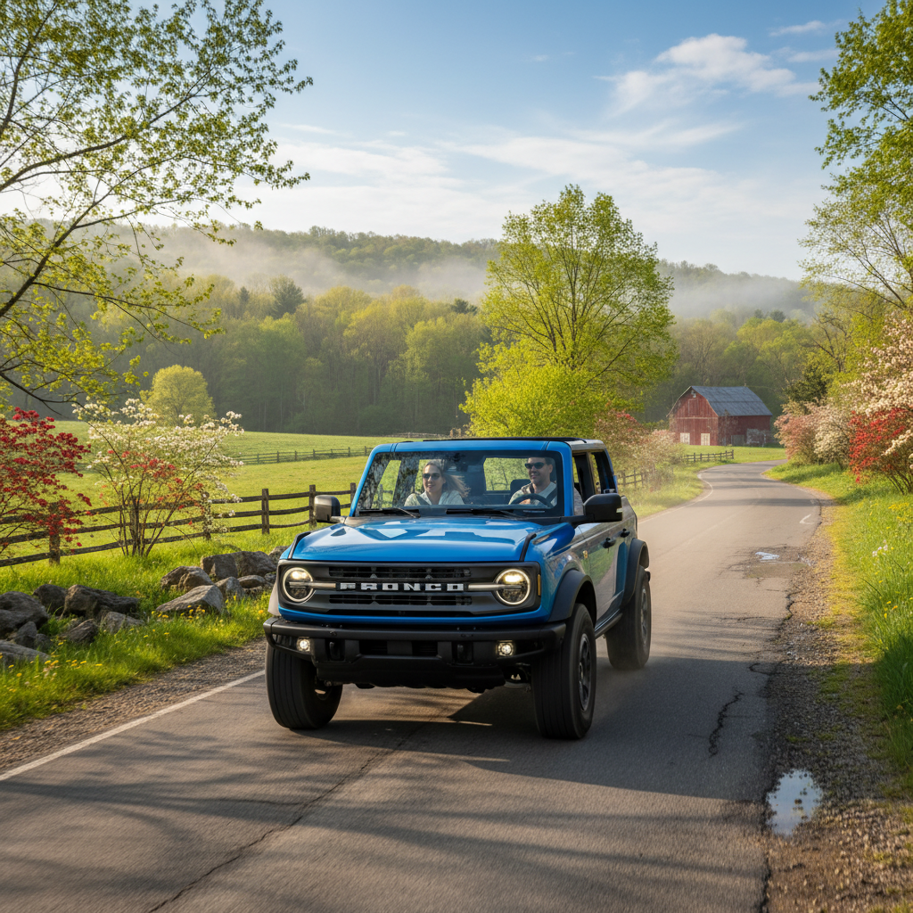 A Bronco with doors and roof removed driving along a scenic ridge.