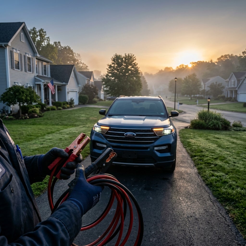 Cinematic wide-angle photography, a modern Ford SUV parked in a suburban driveway in the Ohio River Valley at dawn, cool morning mist, soft golden sunlight breaking over the horizon, dewy grass, the vehicle's headlights are dim and fading to a dull amber glow, a pair of heavy-duty red and black jump