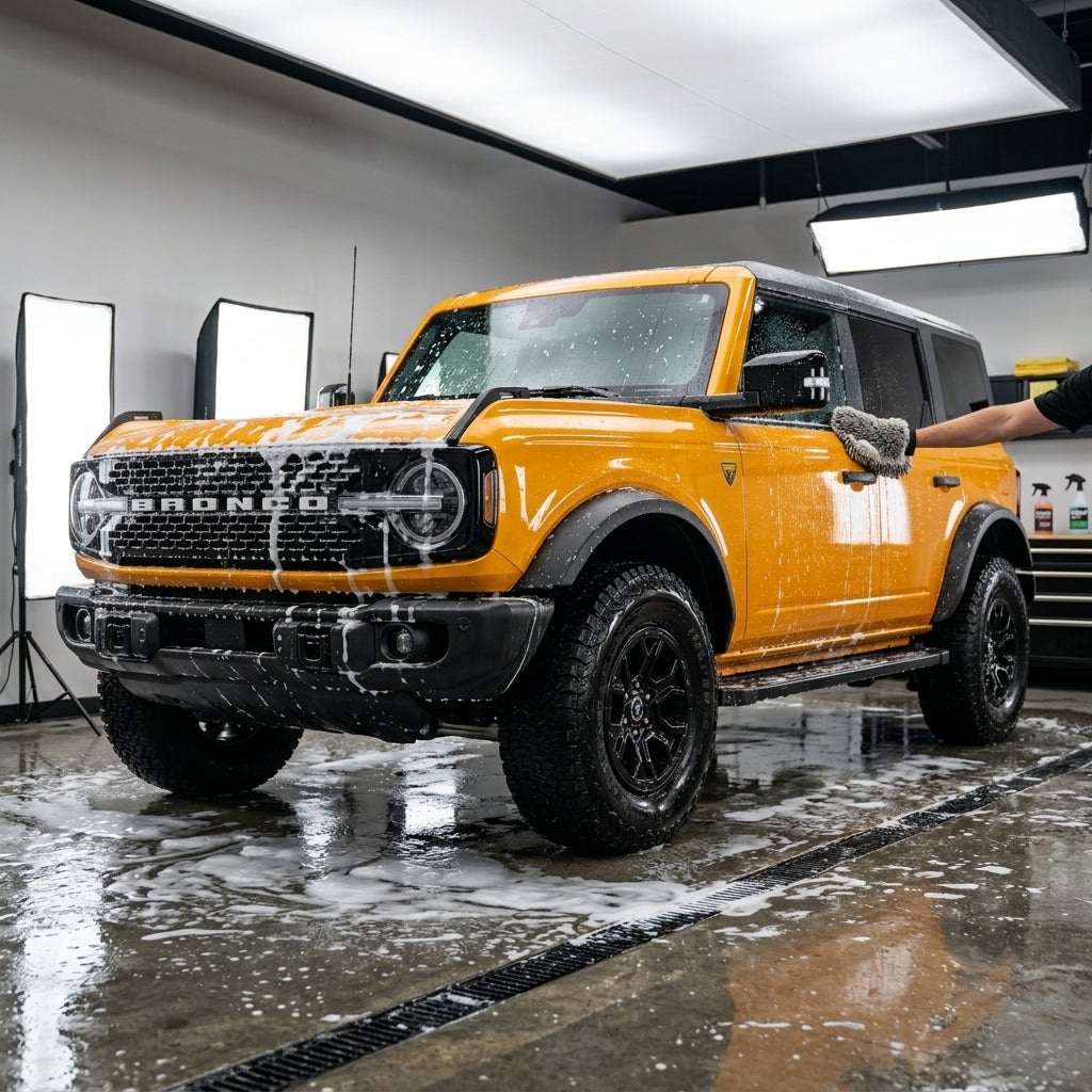 A yellow Ford Bronco covered in soap suds being washed with a microfiber mitt in a detailing garage. (Representative image for illustration purposes only. Actual vehicle may vary based on trim and configuration.)