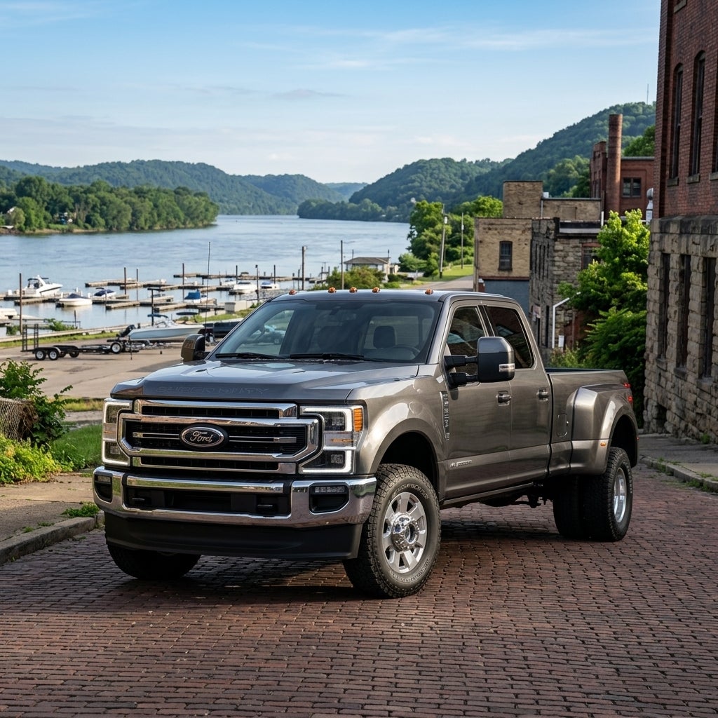 A metallic charcoal gray 2026 Ford F-250 Super Duty parked on a historic brick-paved street in East Liverpool, Ohio, low-angle professional automotive photography, the truck as the clear focal point with a commanding presence, backdrop featuring the majestic Ohio River and distant rolling Appalachia