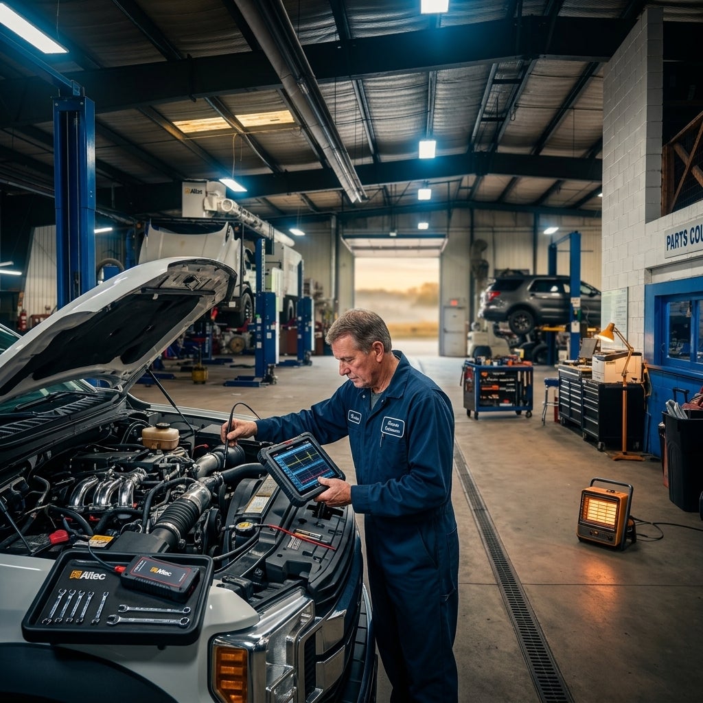 Cinematic wide shot of a professional automotive service bay in the American Midwest, an experienced mechanic in a clean blue uniform meticulously inspecting a modern truck engine with a digital diagnostic tablet, focus on the intricate mechanical components and specialized tools, bright industrial 