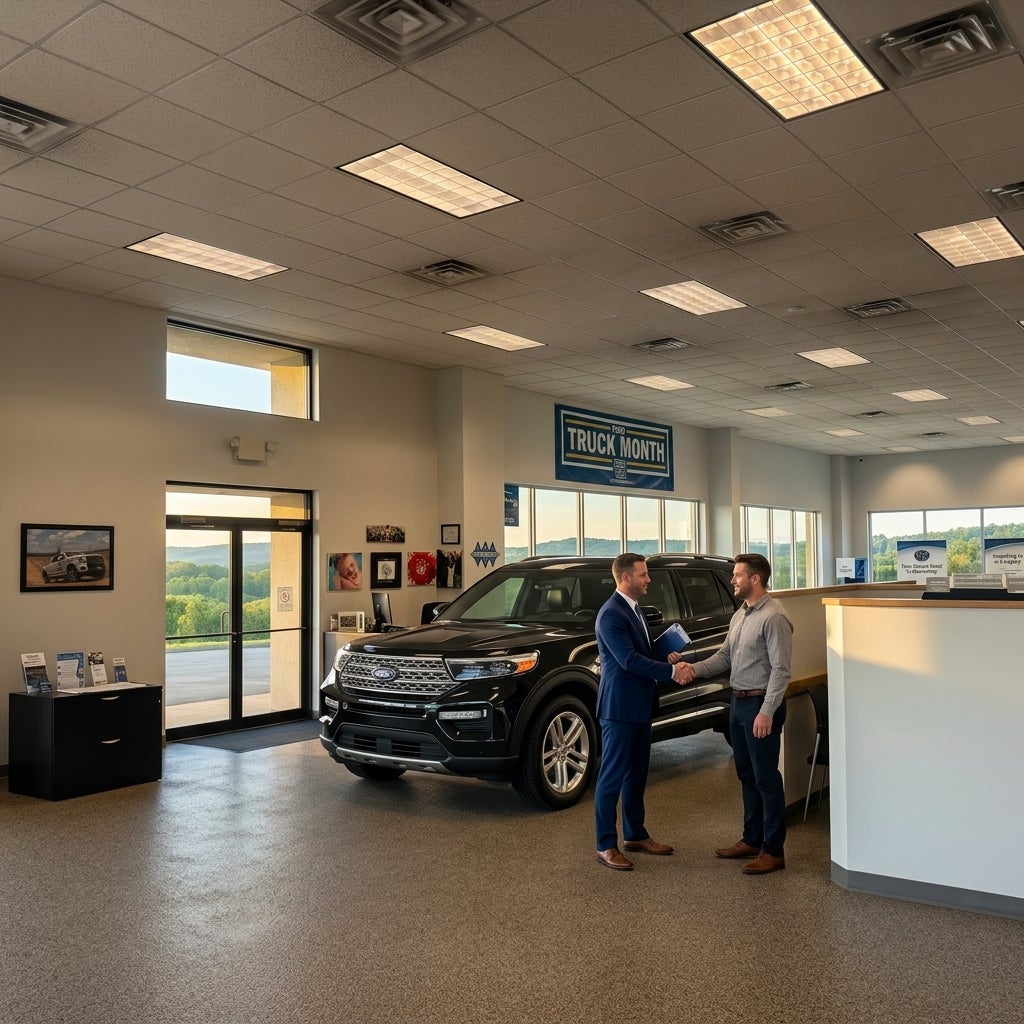 Cinematic wide-angle shot of a pristine, modern Ford SUV as the central focal point inside a a professional Sales Manager and a customer shaking hands confidently in the foreground, symbolic of a secure financial investment, through the lush rolling green hills of the Ohio tri-state landscape are v