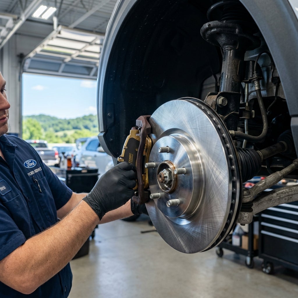 A hyper-realistic, close-up shot of a pristine, brand-new ventilated disc brake rotor and high-performance ceramic brake pads being meticulously installed onto a modern SUV, the metallic surface of the rotor showing a fine circular grain reflecting bright workshop lights with sharp highlights, in th