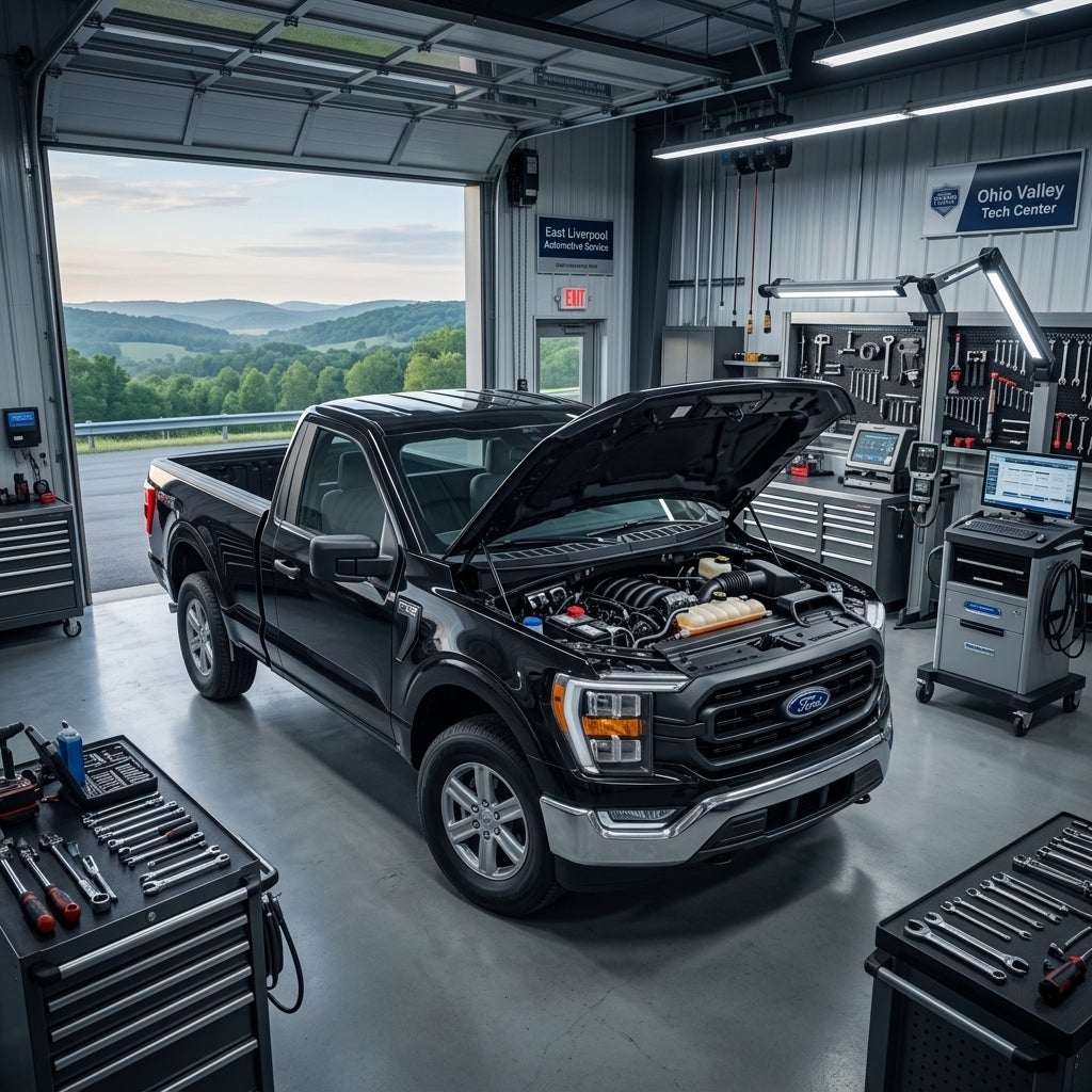 A photorealistic, wide-angle cinematic shot of a modern Ford truck in a state-of-the-art service bay in East Liverpool, Ohio, the engine hood is open showing an intricate, professional mechanic tools in the background, a glimpse through the open garage door shows the rolling green hills of the Appal