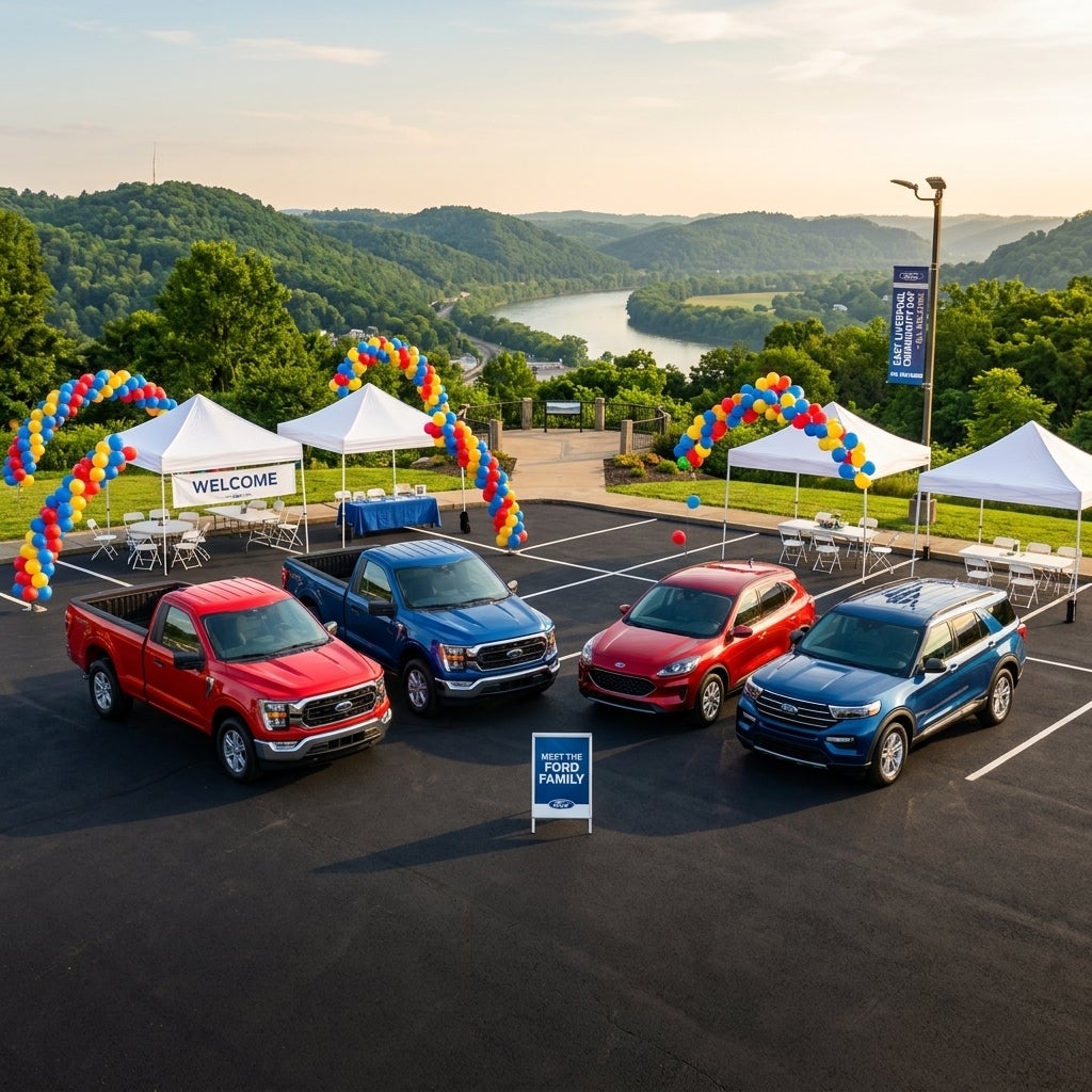 A vibrant, outdoor community celebration no people in East Liverpool, Ohio, during a bright summer afternoon in July, a wide-angle lifestyle photograph capturing several new Ford F-150 trucks and SUVs in brilliant reds and deep blues parked on a pristine asphalt lot as the centerpieces, soft golden